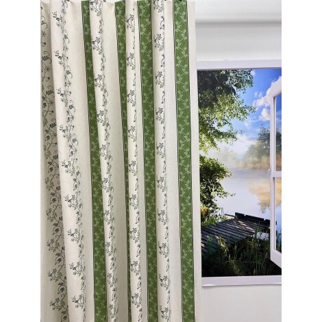 Landhaus Dekostoff Vorhang Streifen Blumenranke natur grün blickdicht, Meterware